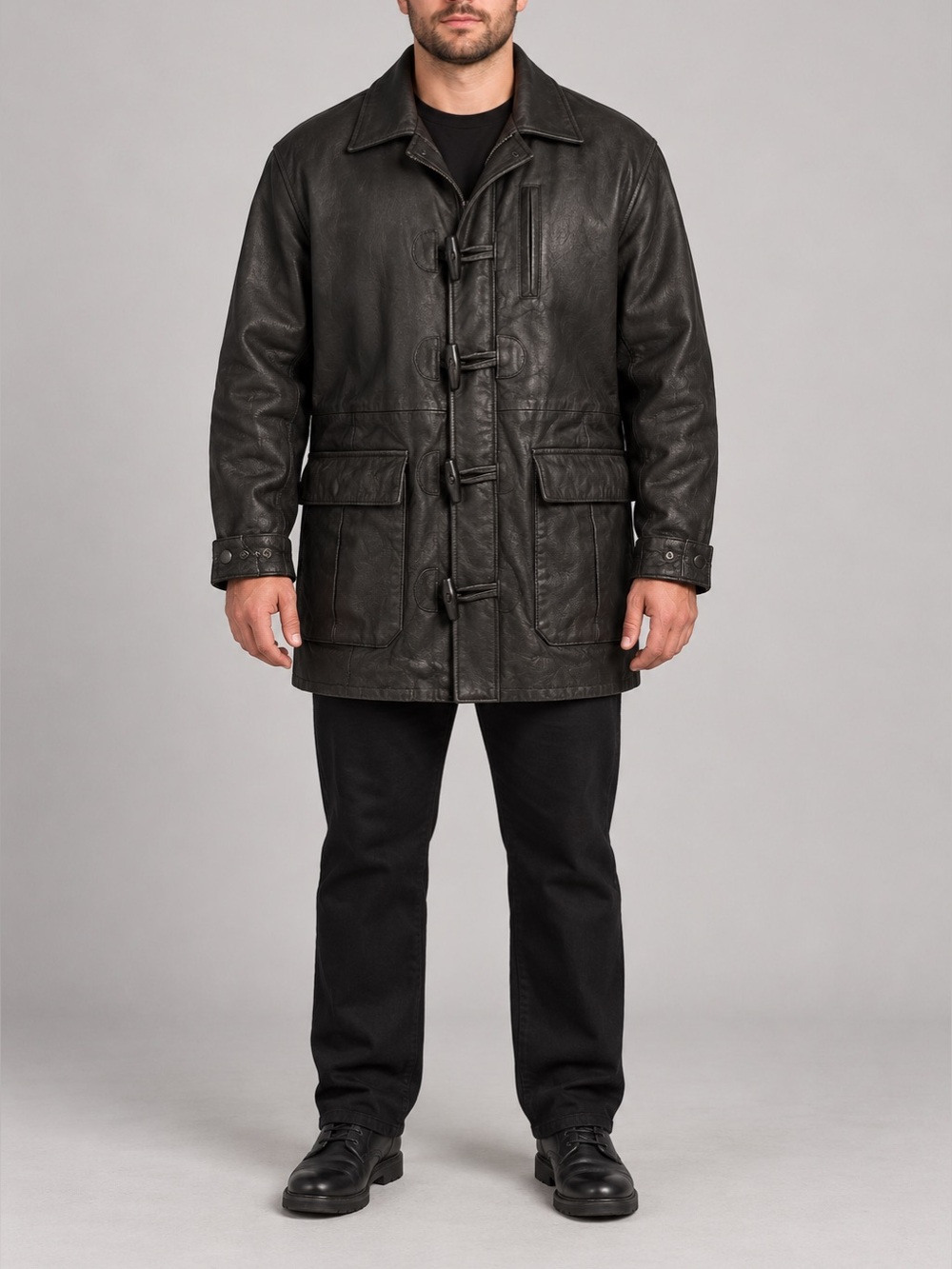 CHARLES KLEIN MEN’S GENUINE LEATHER BLACK TOGGLE COAT | SIZE LARGE